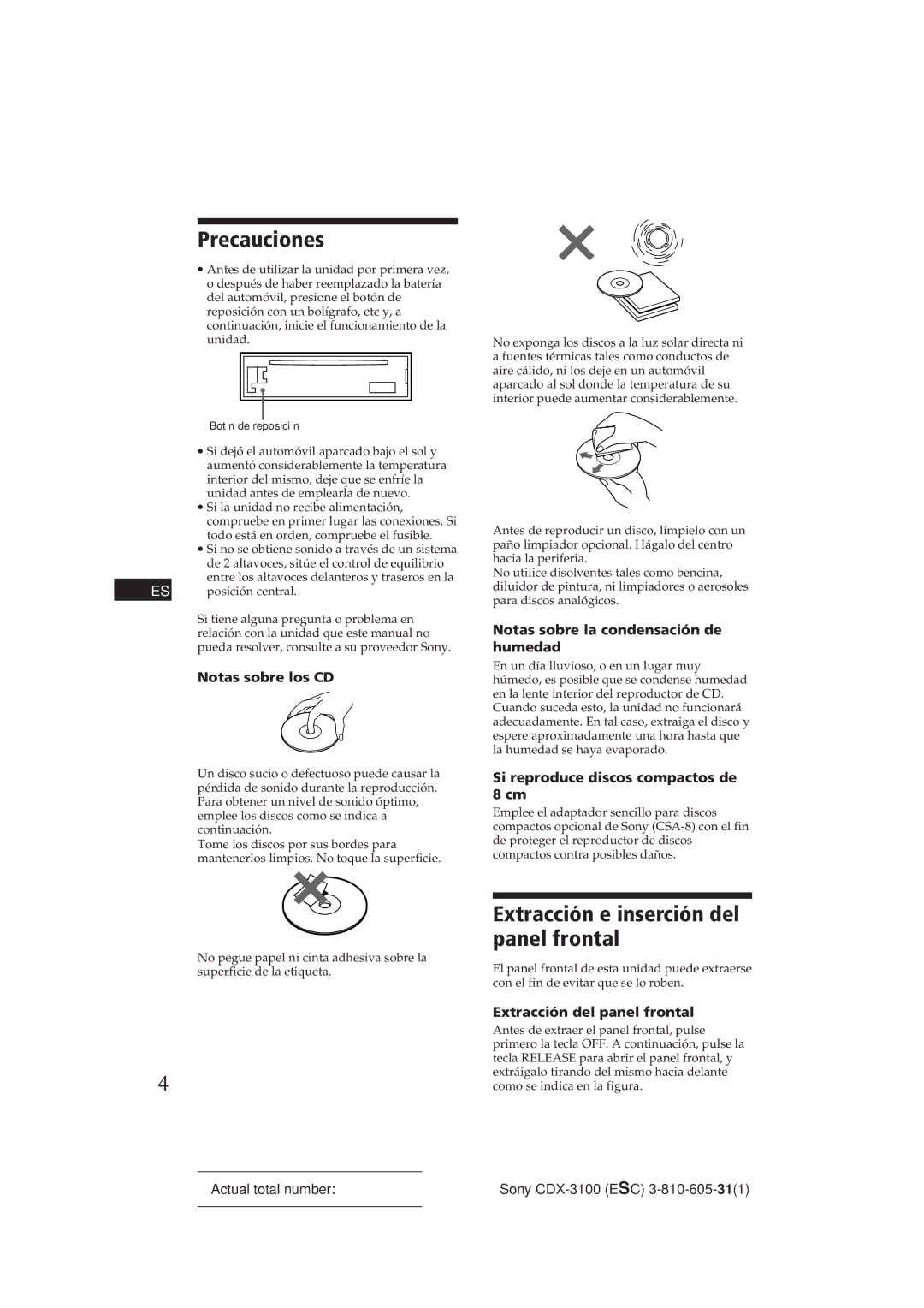 Sony Model CDX-3100 manual Precauciones, Extracción e inserción del panel frontal 