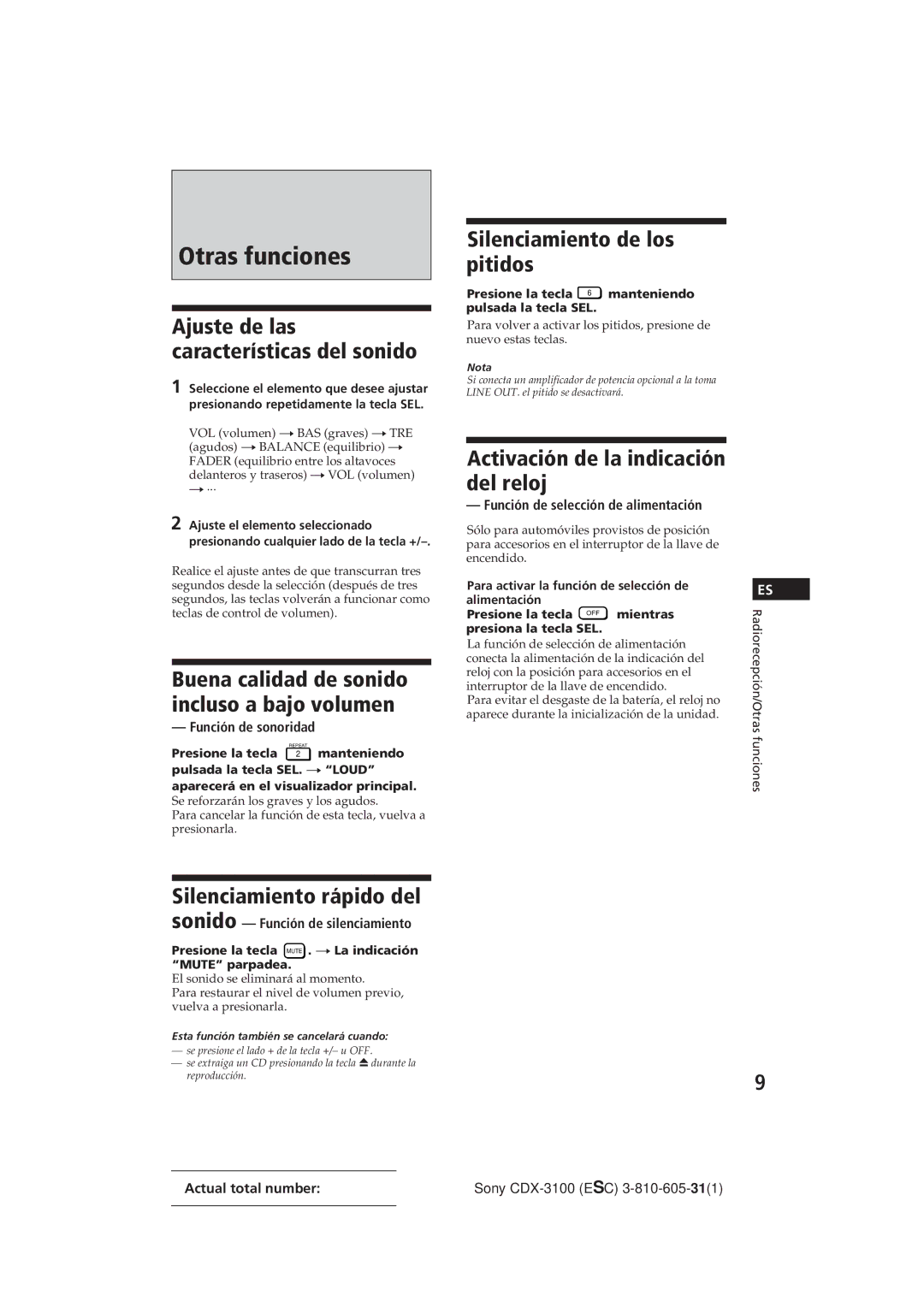 Sony Model CDX-3100 manual Otras funciones, Silenciamiento de los pitidos, Activación de la indicación del reloj 