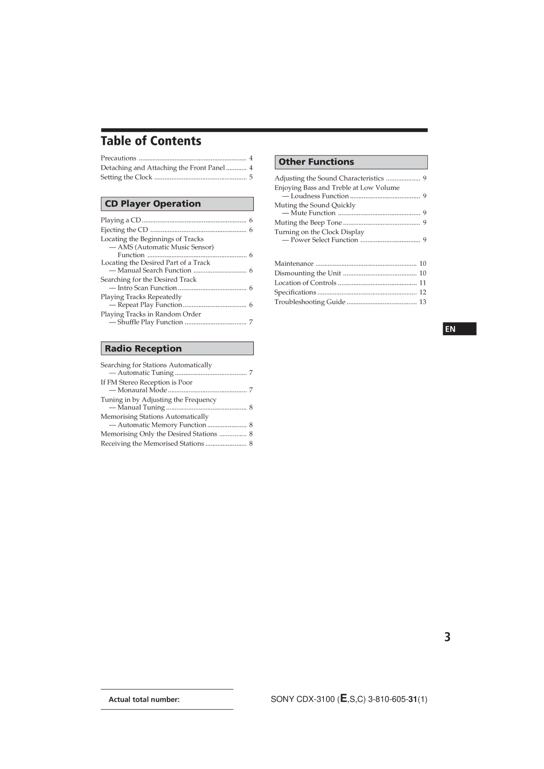 Sony Model CDX-3100 manual Table of Contents 