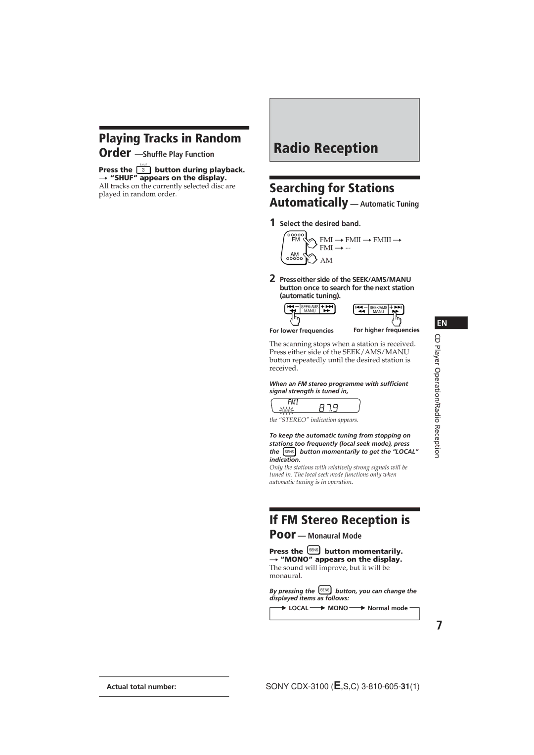 Sony Model CDX-3100 manual Radio Reception, Playing Tracks in Random, Searching for Stations, If FM Stereo Reception is 