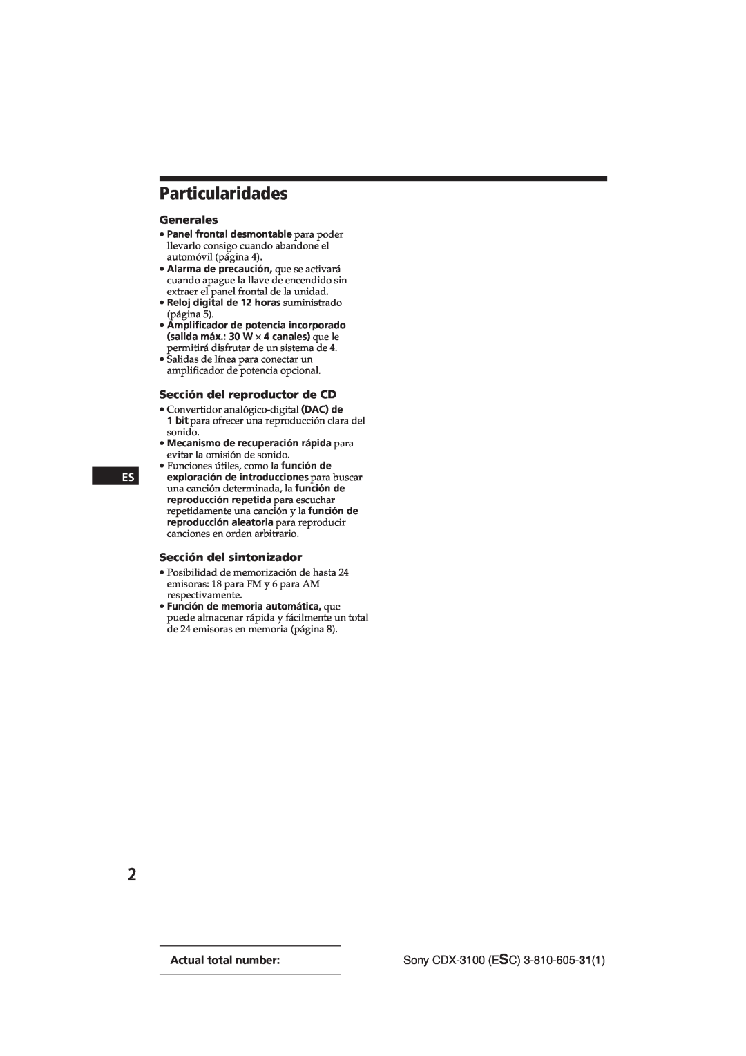 Sony Model CDX-3100 manual Particularidades, Generales, Sección del reproductor de CD, Sección del sintonizador 