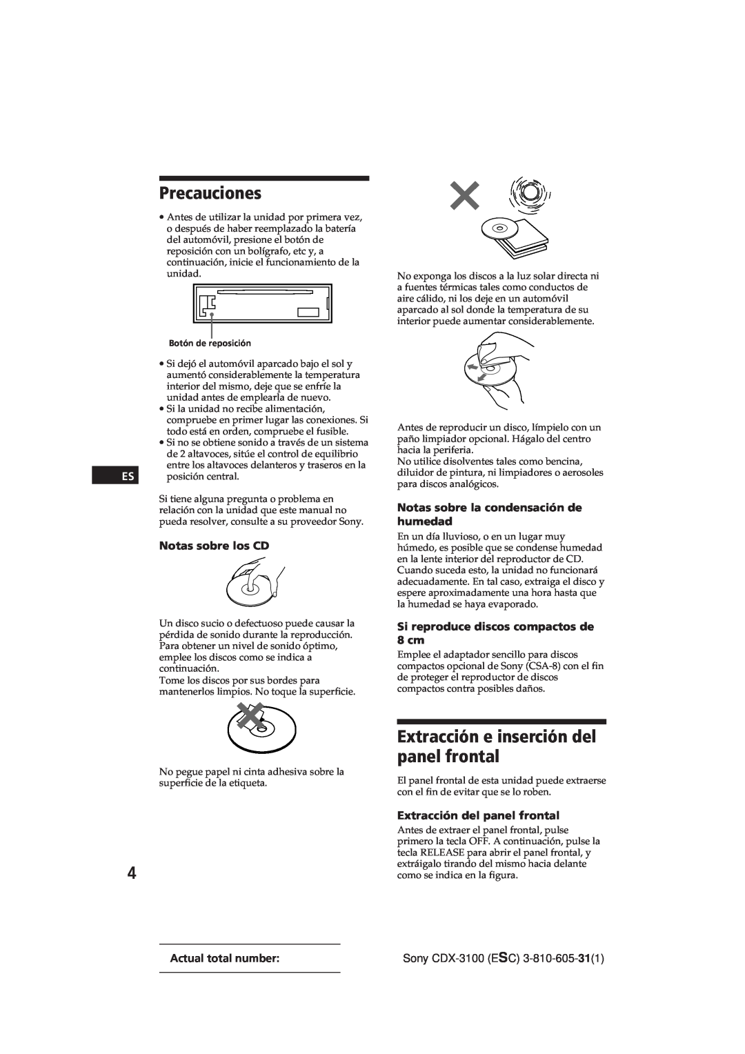 Sony Model CDX-3100 manual Precauciones, Extracción e inserción del panel frontal, Notas sobre los CD, Sony CDX-3100ESC 