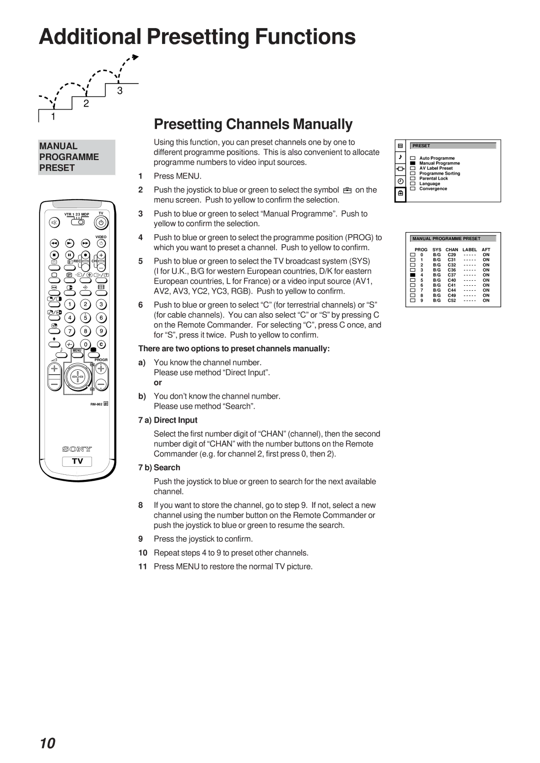 Sony Model KP-41S4U Additional Presetting Functions, Presetting Channels Manually, Direct Input, Search 