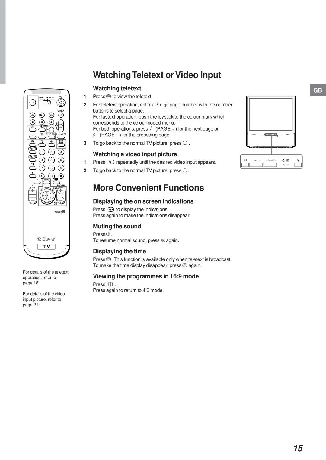 Sony Model KP-41S4U operating instructions Watching Teletext or Video Input, More Convenient Functions 