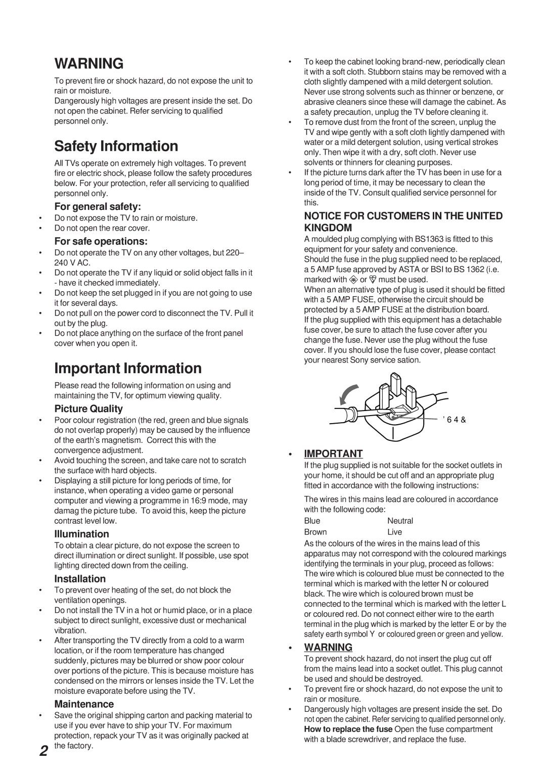 Sony Model KP-41S4U operating instructions Safety Information, Important Information 