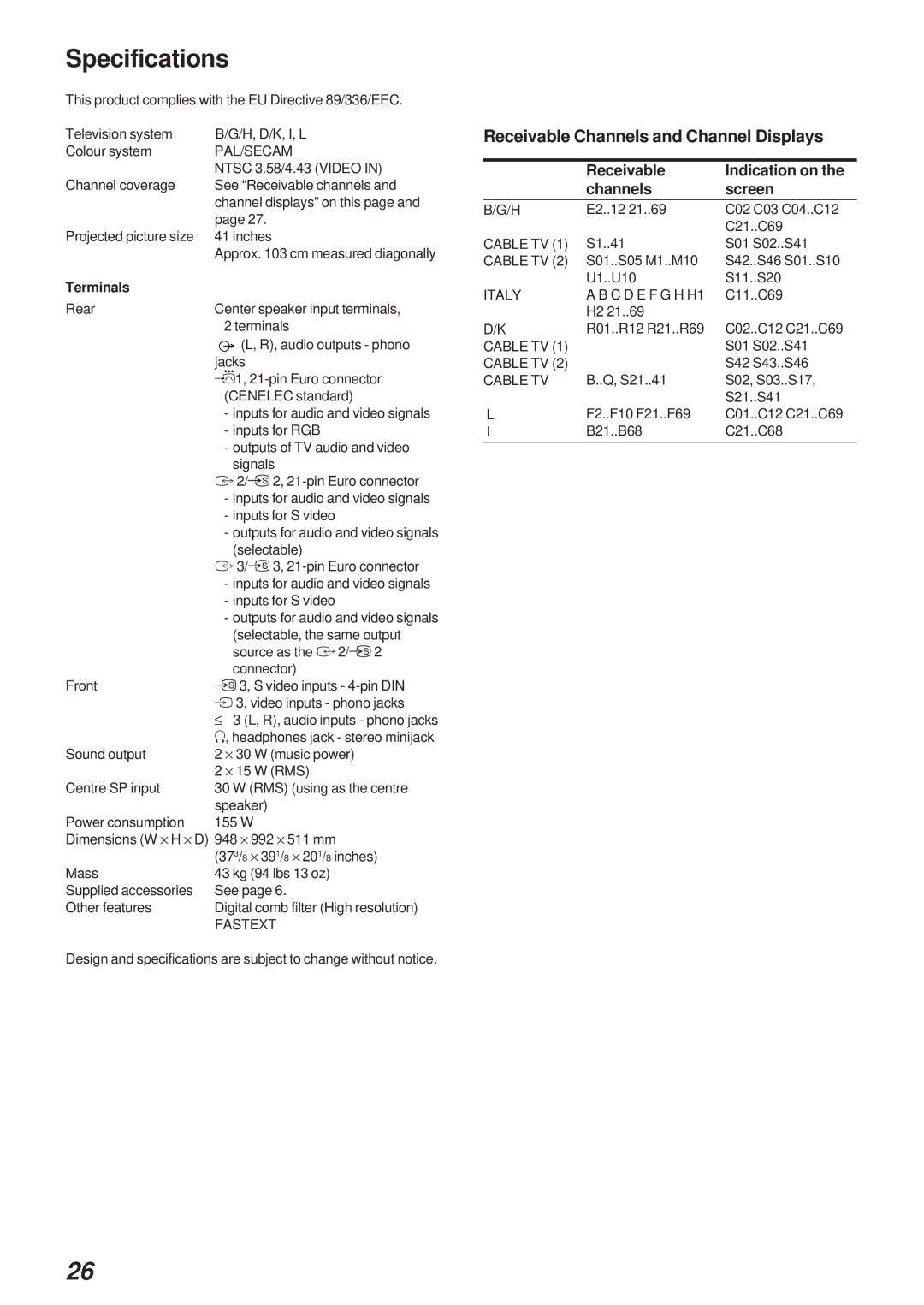 Sony Model KP-41S4U Specifications, Receivable Channels and Channel Displays, Receivable Indication on Channels Screen 