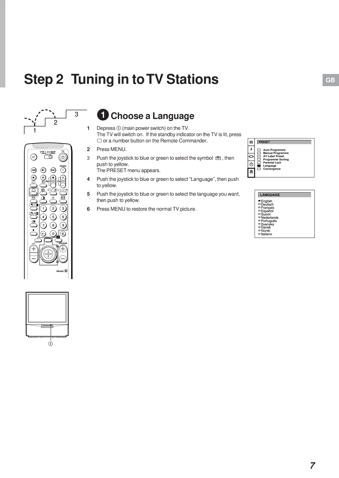 Sony Model KP-41S4U operating instructions Tuning in to TV Stations, 1Choose a Language 