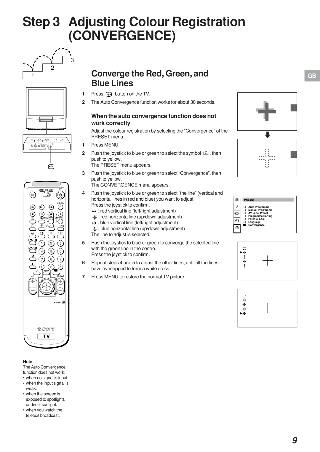 Sony Model KP-41S4U operating instructions Adjusting Colour Registration, Converge the Red, Green, and Blue Lines 