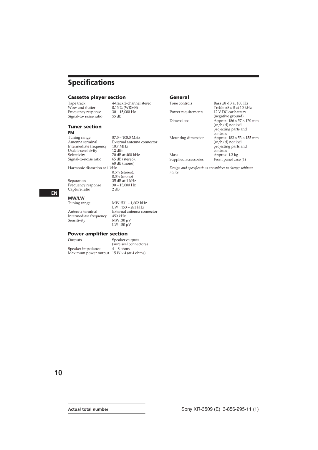 Sony Model XR-3509 operating instructions Specifications, Cassette player section, Power amplifier section 