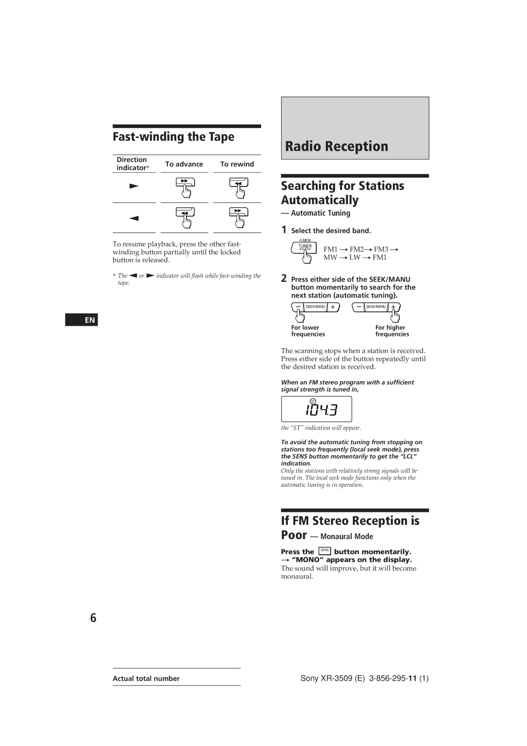 Sony Model XR-3509 Radio Reception, Fast-winding the Tape, If FM Stereo Reception is Poor, Automatic Tuning 