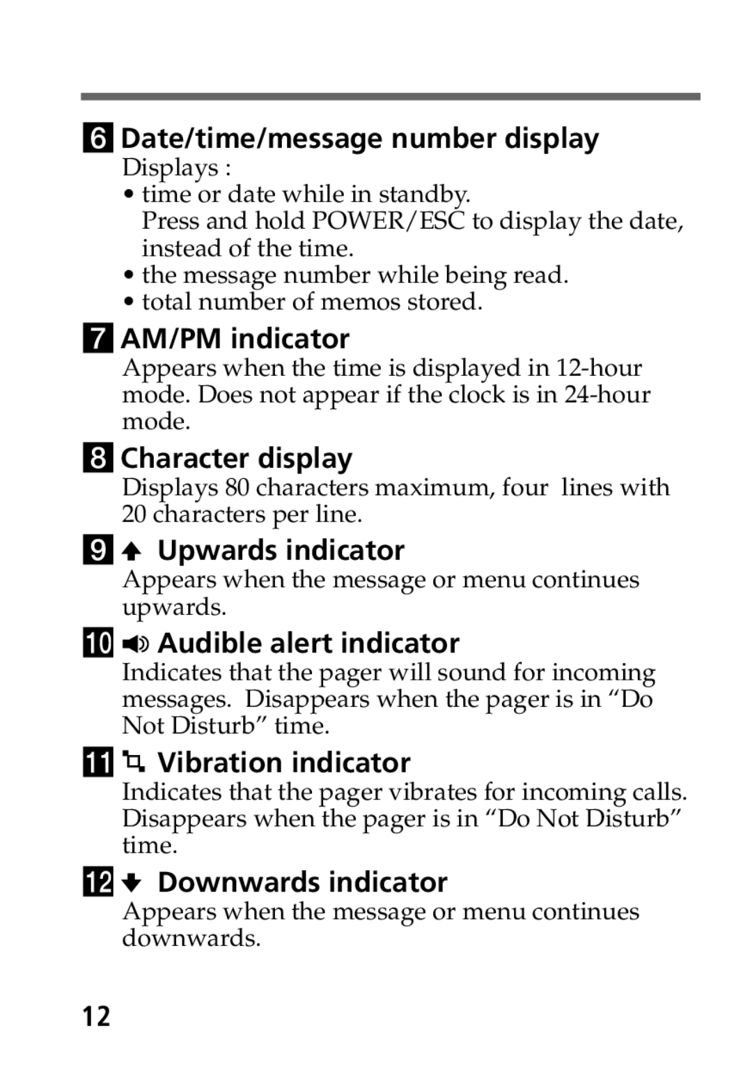 Sony MP-7001 Date/time/message number display, AM/PM indicator, Character display, Upwards indicator, Downwards indicator 