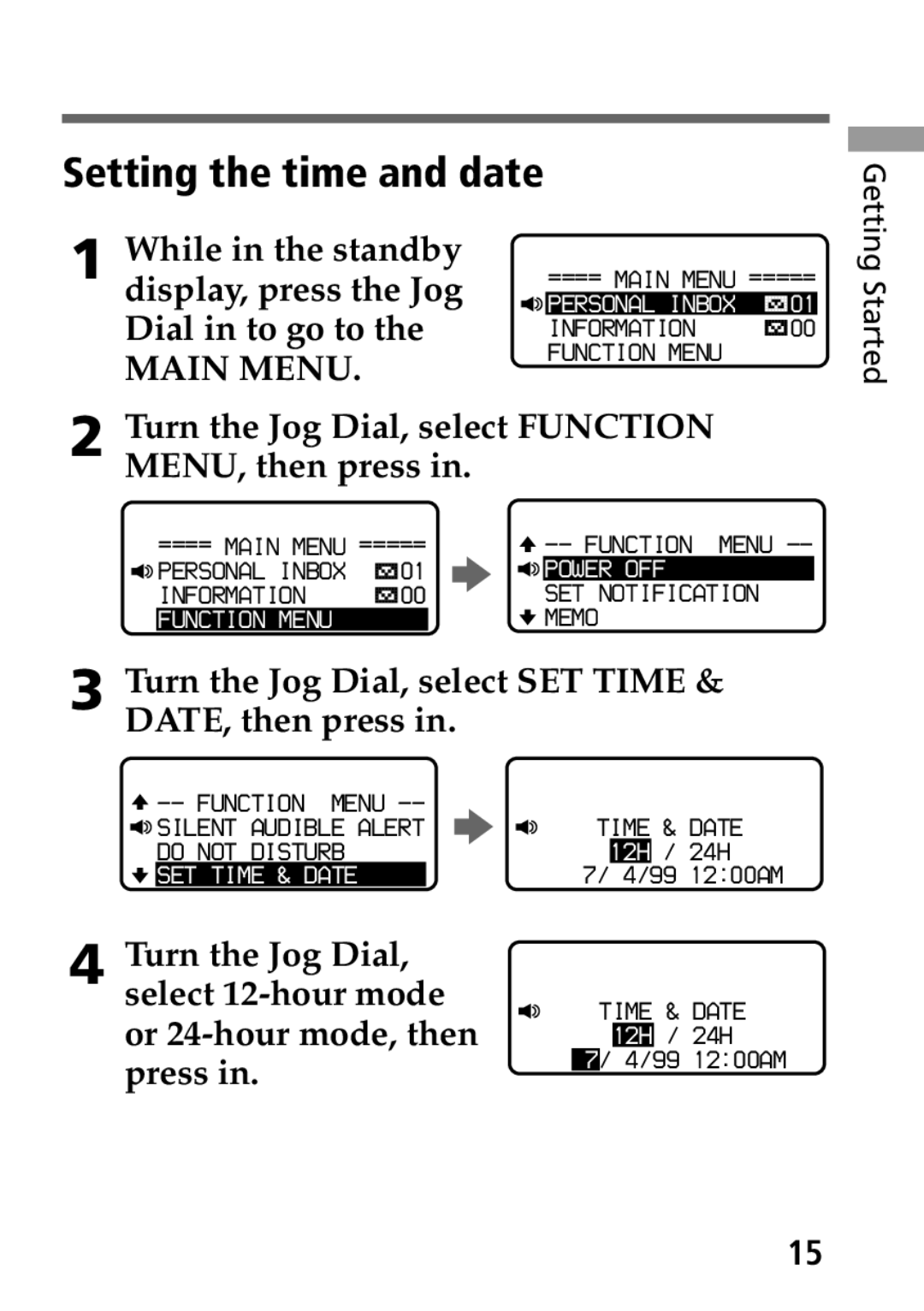 Sony MP-7001 operating instructions Setting the time and date, Turn the Jog Dial, select Function MENU, then press 