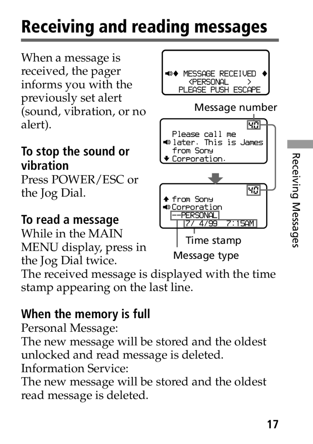 Sony MP-7001 operating instructions To stop the sound or vibration, To read a message, When the memory is full 