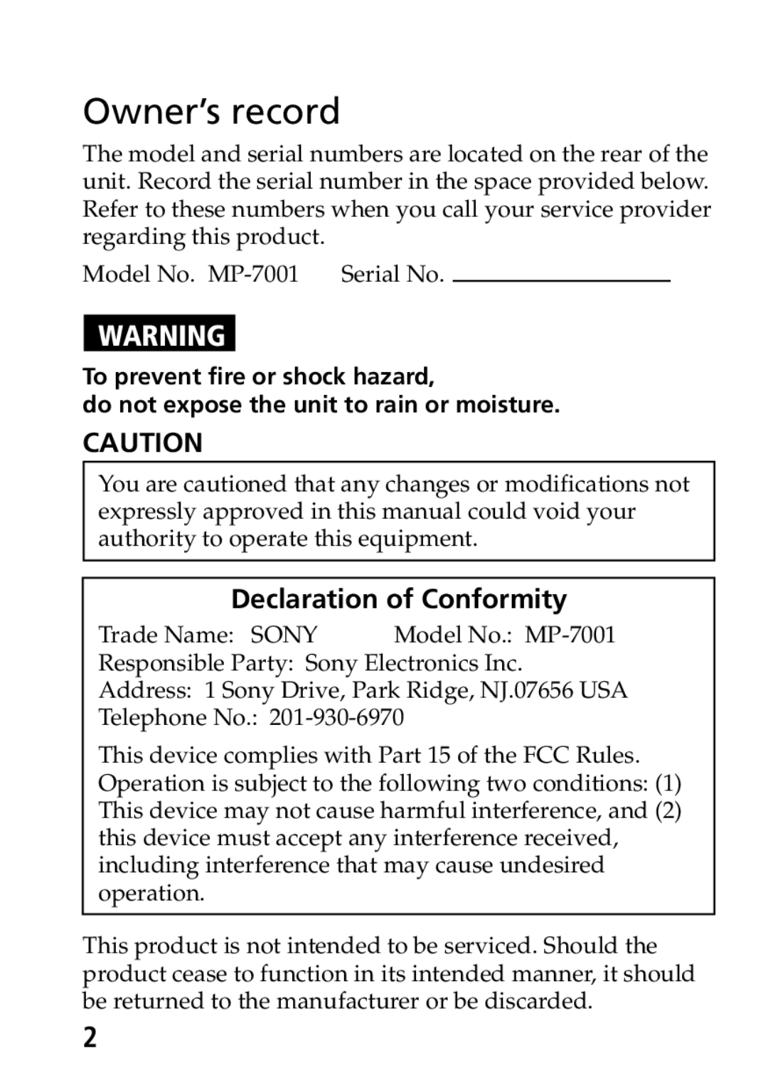 Sony MP-7001 operating instructions Owner’s record 