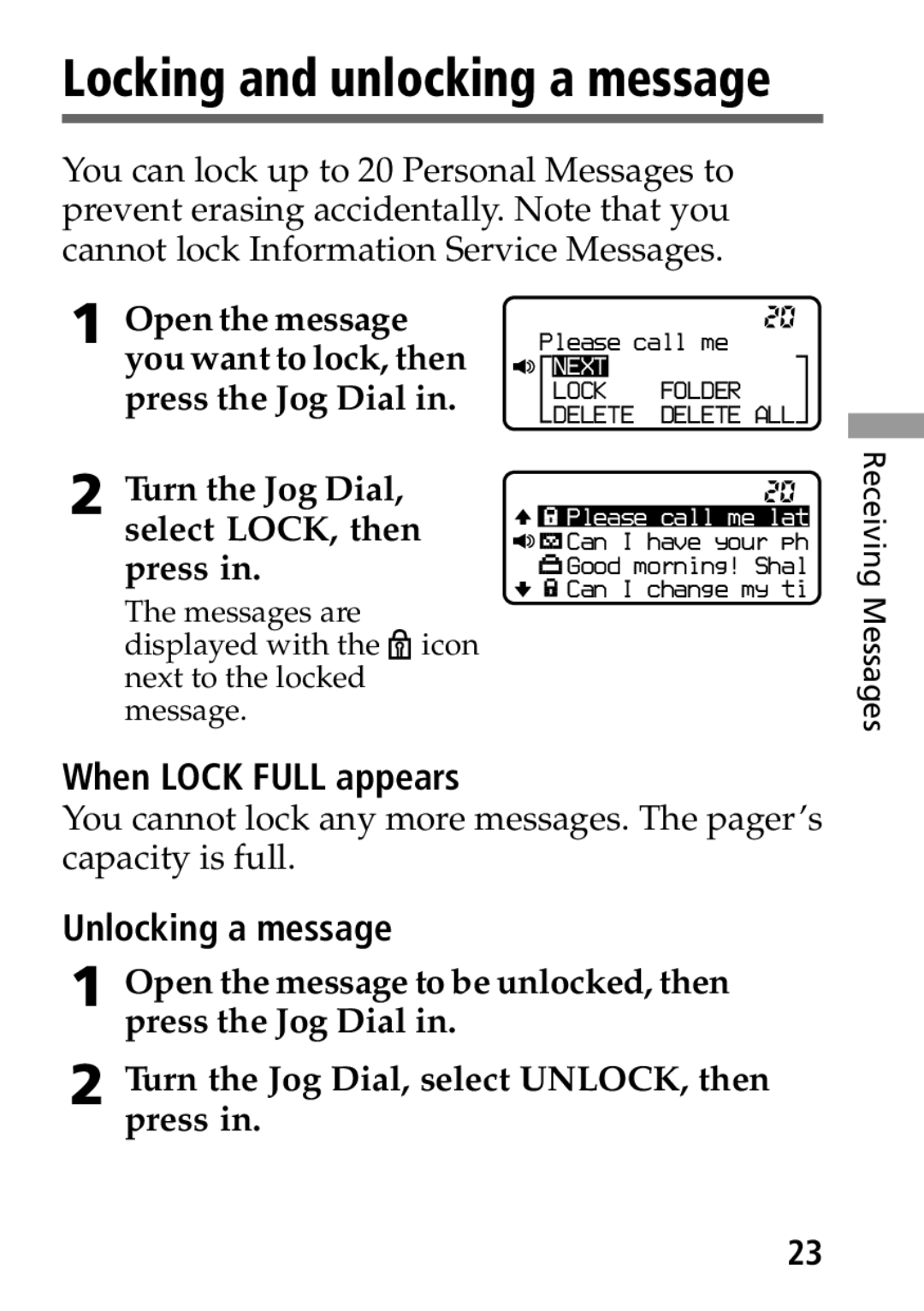 Sony MP-7001 operating instructions Locking and unlocking a message, When Lock Full appears, Unlocking a message 