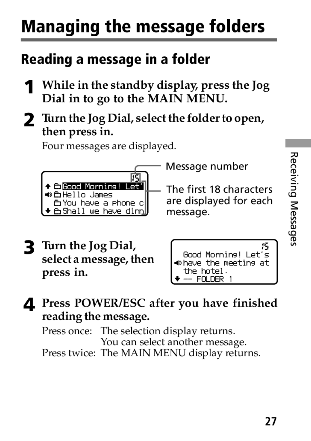 Sony MP-7001 operating instructions Managing the message folders, Reading a message in a folder, Press 