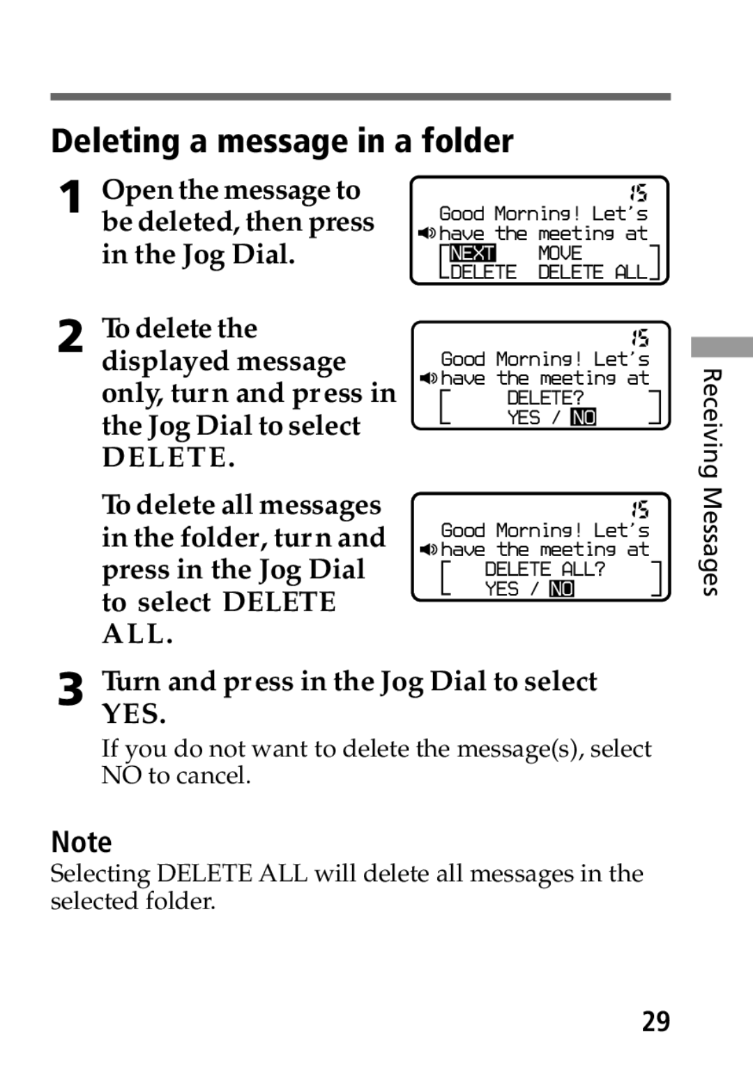 Sony MP-7001 operating instructions Deleting a message in a folder, TurnYES.and press in the Jog Dial to select 