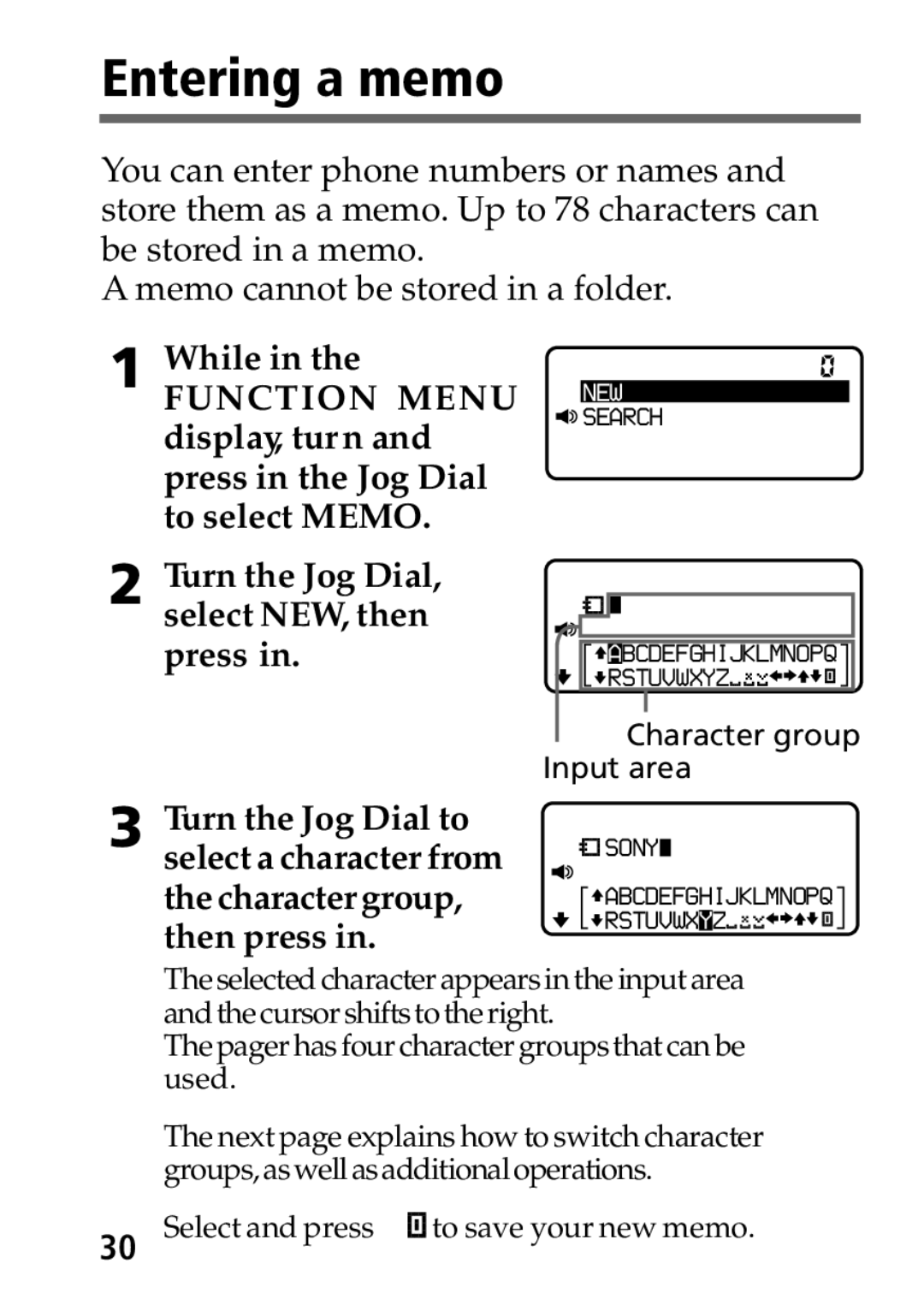 Sony MP-7001 operating instructions Entering a memo 