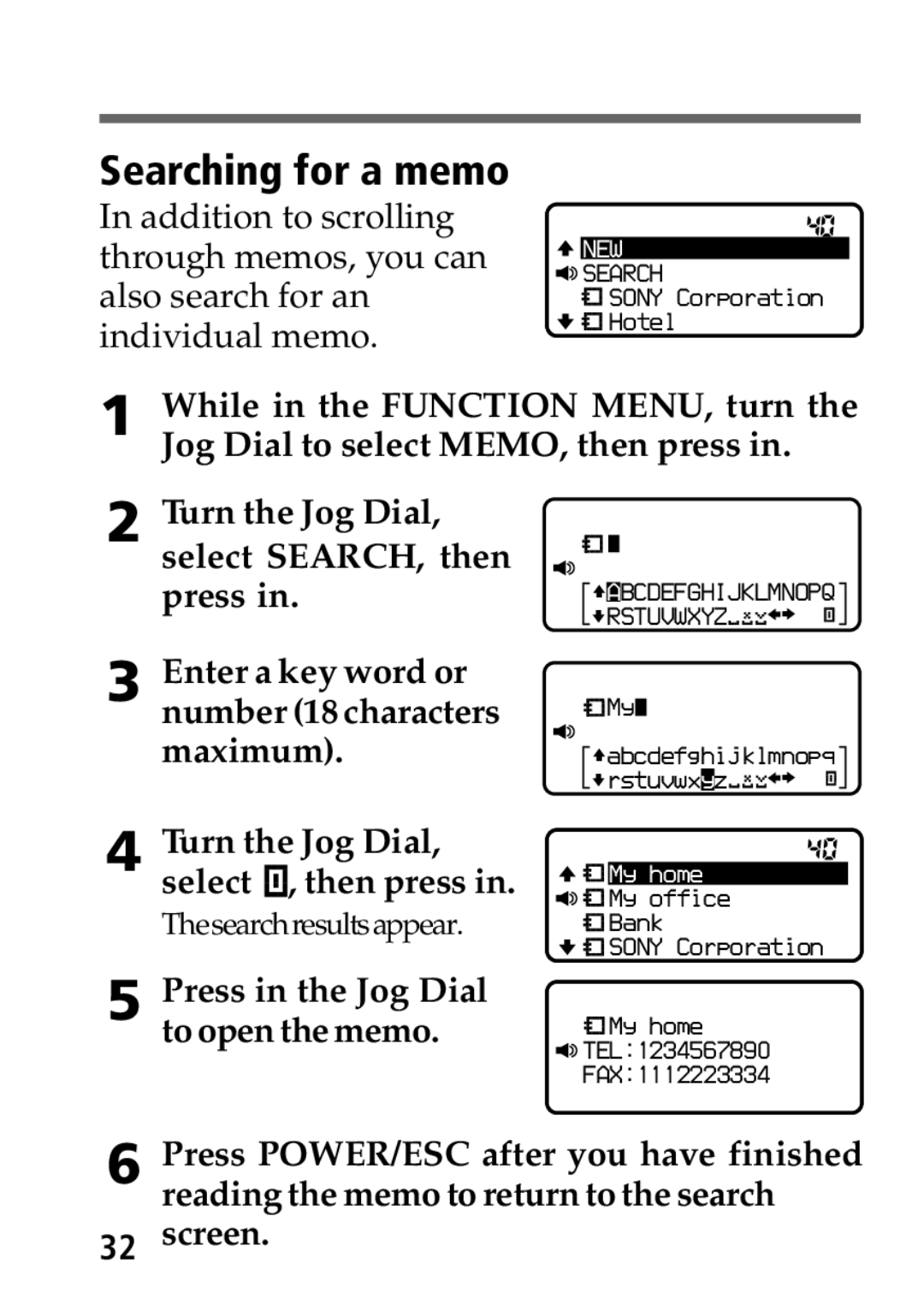 Sony MP-7001 operating instructions Searching for a memo, Screen 