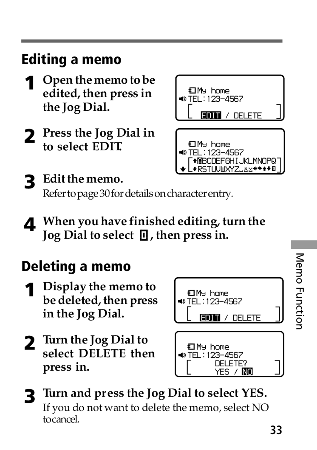 Sony MP-7001 operating instructions Editing a memo, Deleting a memo 