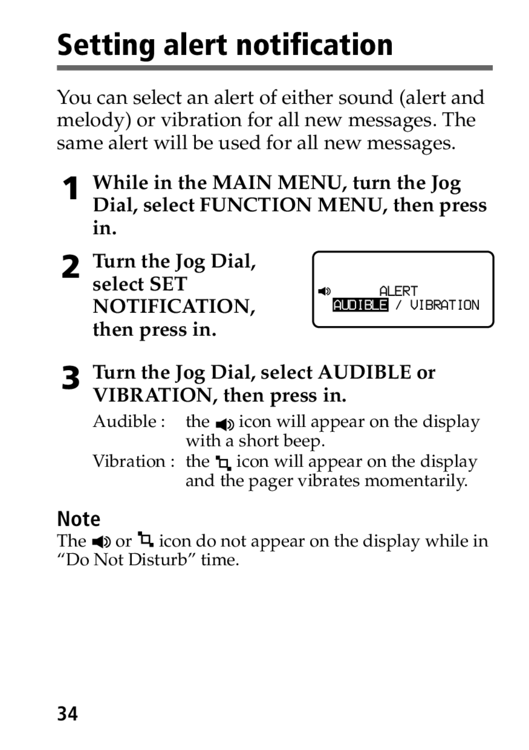 Sony MP-7001 operating instructions Setting alert notification, Turn the Jog Dial, select Audible or VIBRATION, then press 