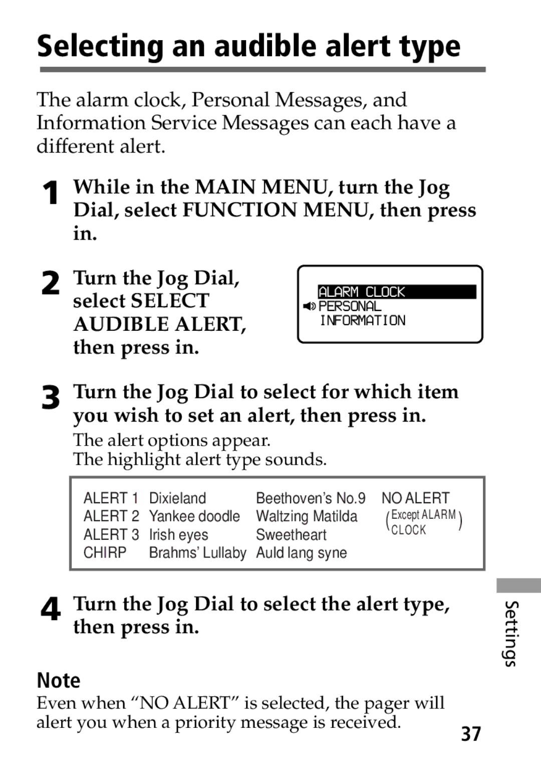 Sony MP-7001 Selecting an audible alert type, Select Select, Turn the Jog Dial to select the alert type, then press 