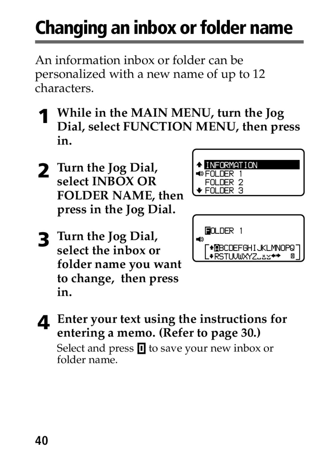 Sony MP-7001 operating instructions Changing an inbox or folder name 