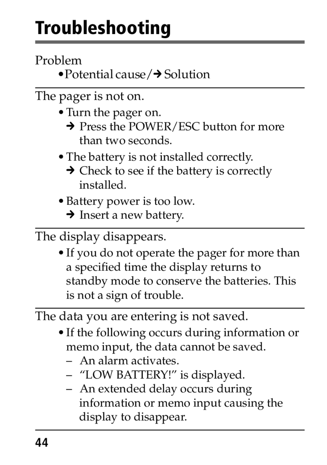 Sony MP-7001 operating instructions Troubleshooting, Problem Potential cause/mSolution Pager is not on 