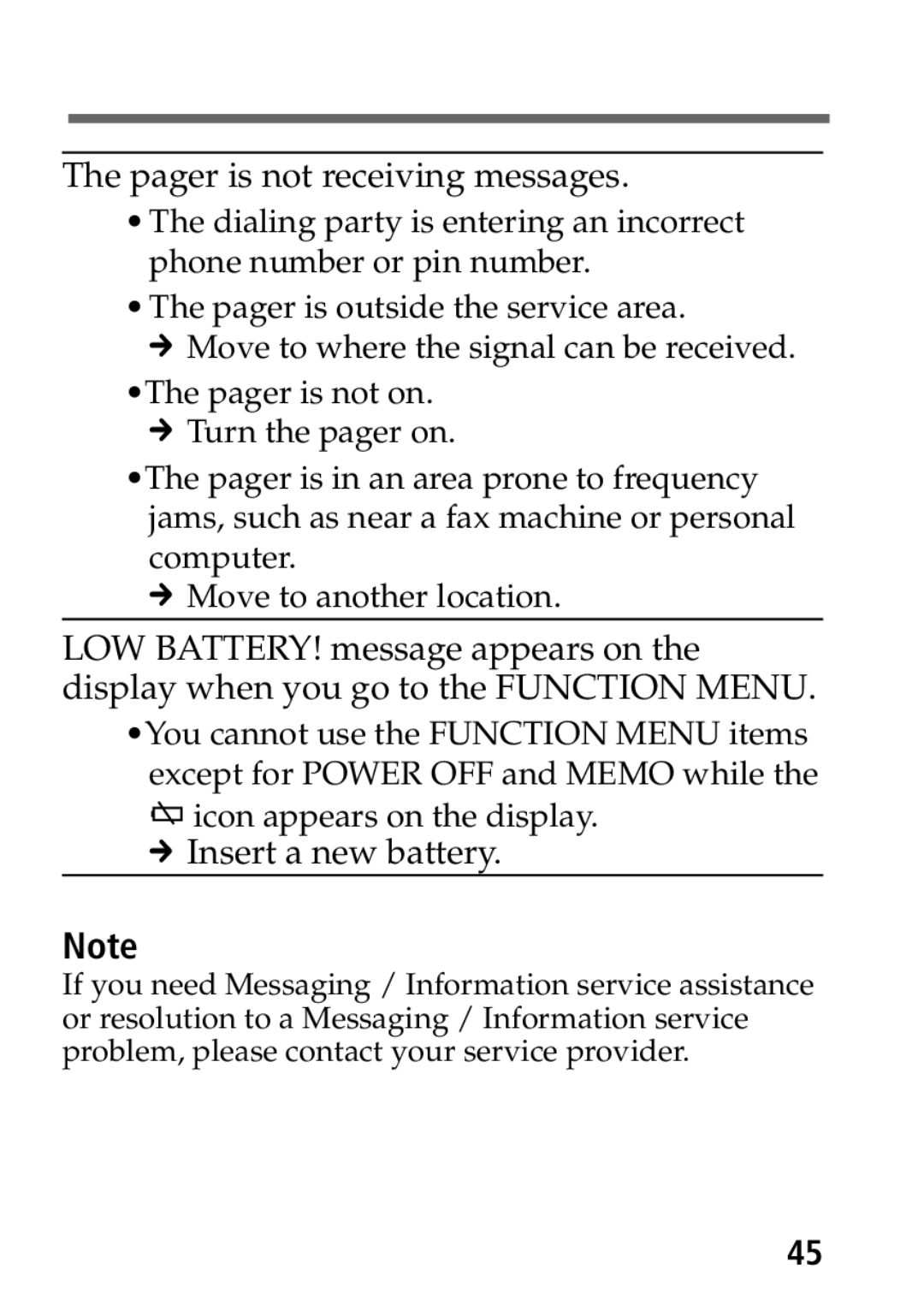 Sony MP-7001 operating instructions Pager is not receiving messages 