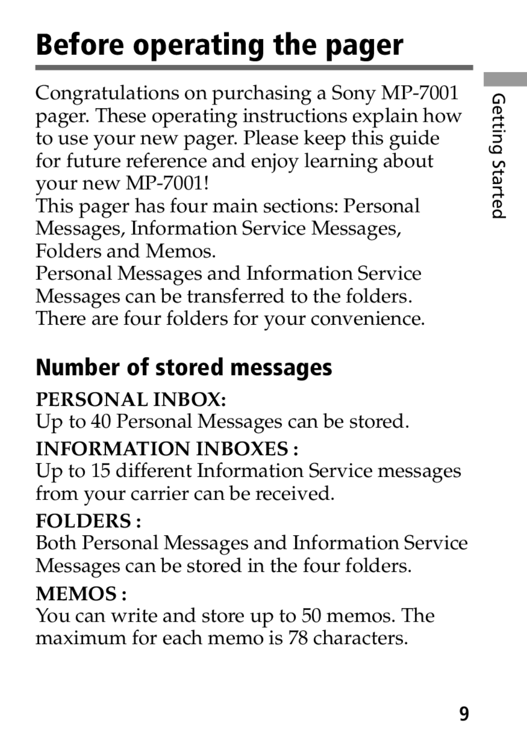 Sony MP-7001 operating instructions Before operating the pager, Number of stored messages 