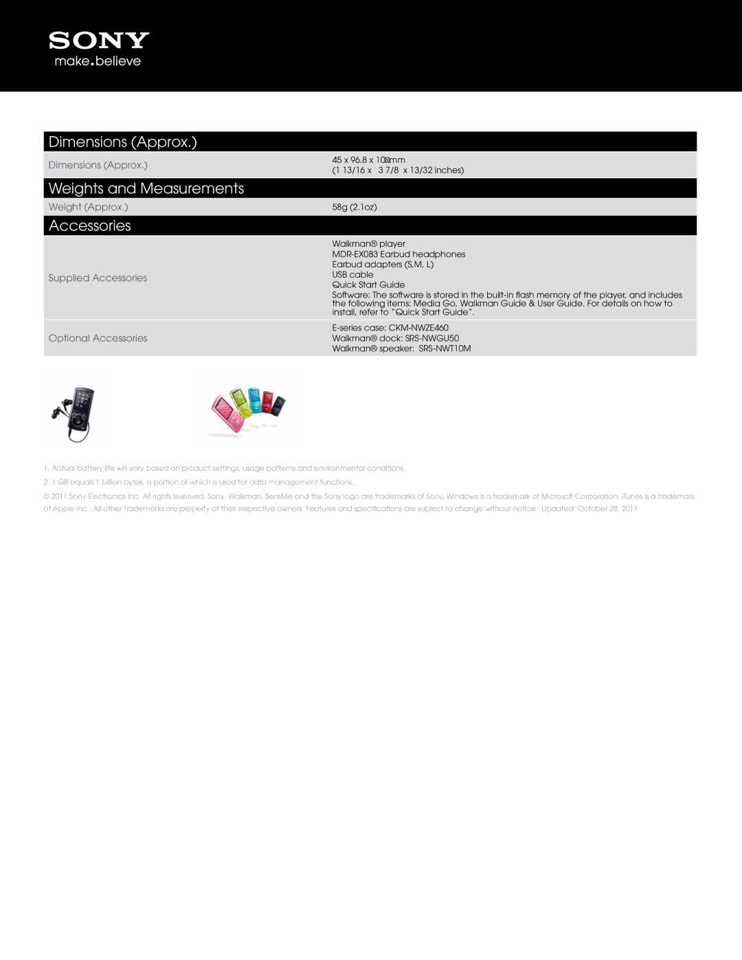 Sony MP3 Player manual Dimensions Approx, Weights and Measurements, Accessories 