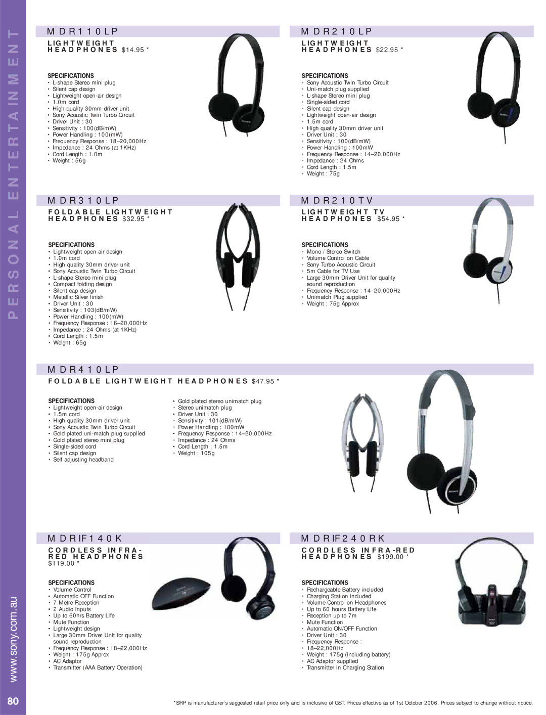 Sony MP3 Walkman manual MDR110LP, MDR210LP, MDR310LP MDR210TV, MDR410LP, MDRIF140K, MDRIF240RK 