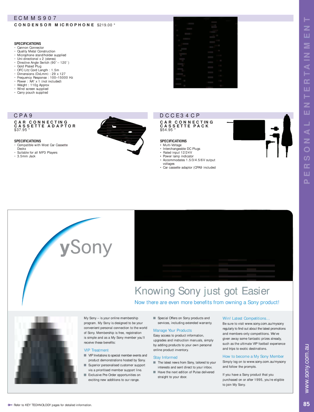 Sony MP3 Walkman ECMMS907, CPA9 DCCE34CP, Condensor Microphone $219.00, CAR Connecting Cassette Adaptor Cassette Pack 