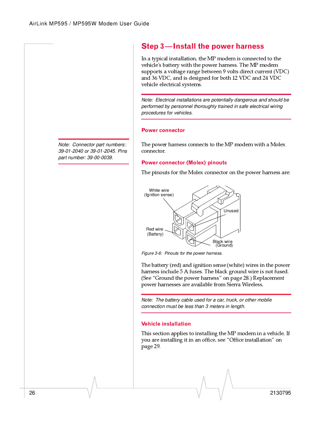 Sony MP595 manual Install the power harness, Power connector Molex pinouts, Vehicle installation 