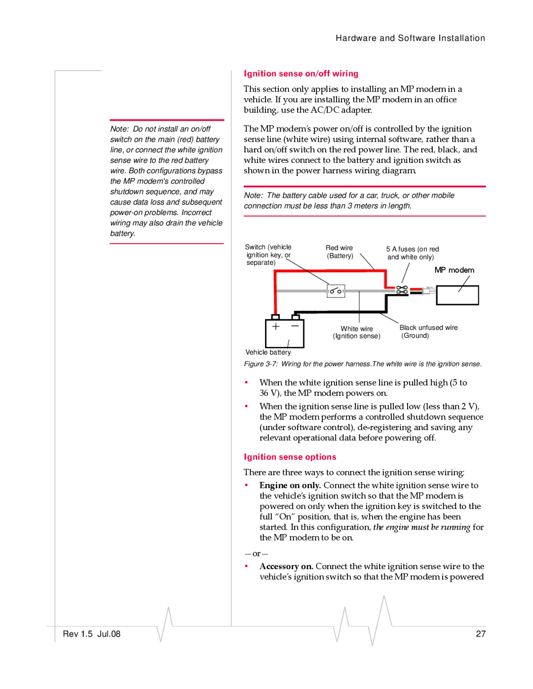 Sony MP595 manual Ignition sense on/off wiring, Ignition sense options 