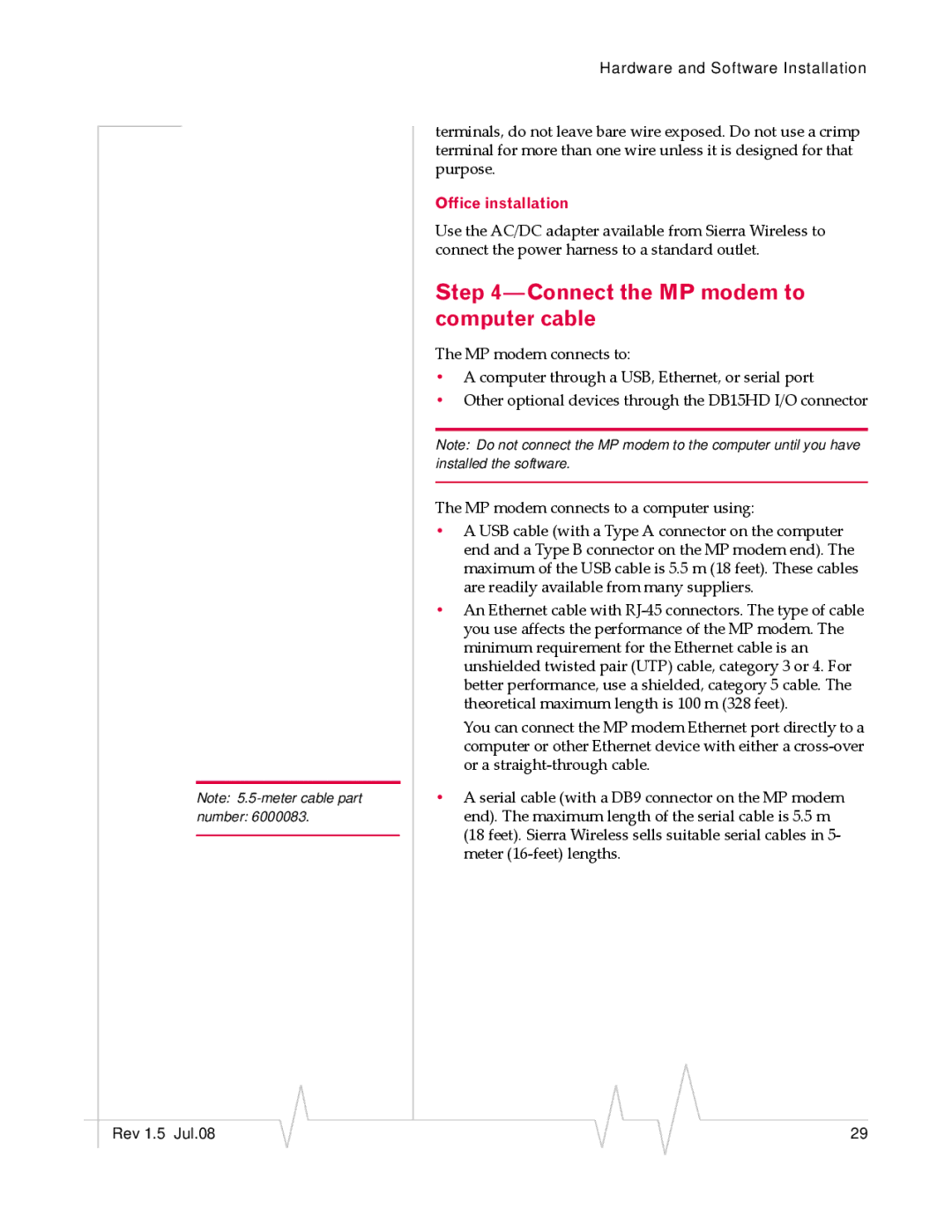 Sony MP595 manual Connect the MP modem to computer cable, Office installation 