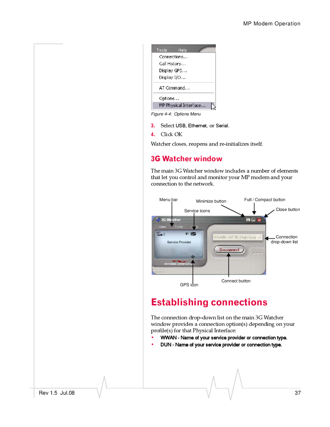 Sony MP595 manual Establishing connections, 3G Watcher window 