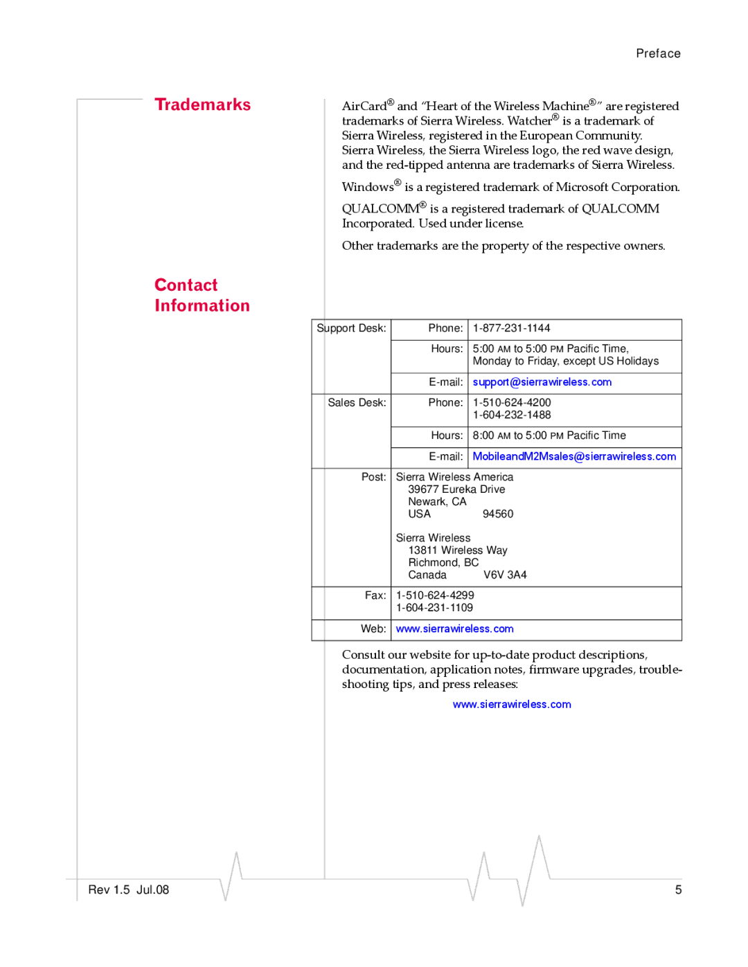 Sony MP595 manual Trademarks Contact Information, Support@sierrawireless.com 