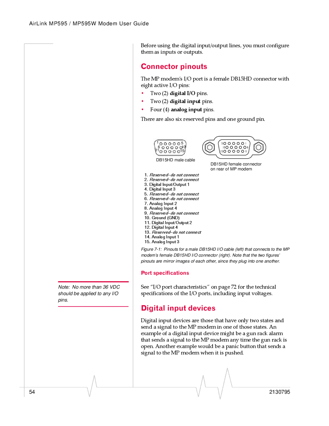 Sony MP595 manual Connector pinouts, Digital input devices, Port specifications 