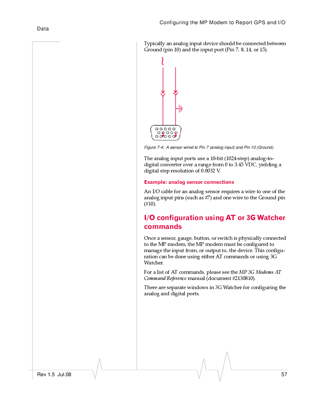 Sony MP595 manual Configuration using AT or 3G Watcher commands, Example analog sensor connections 