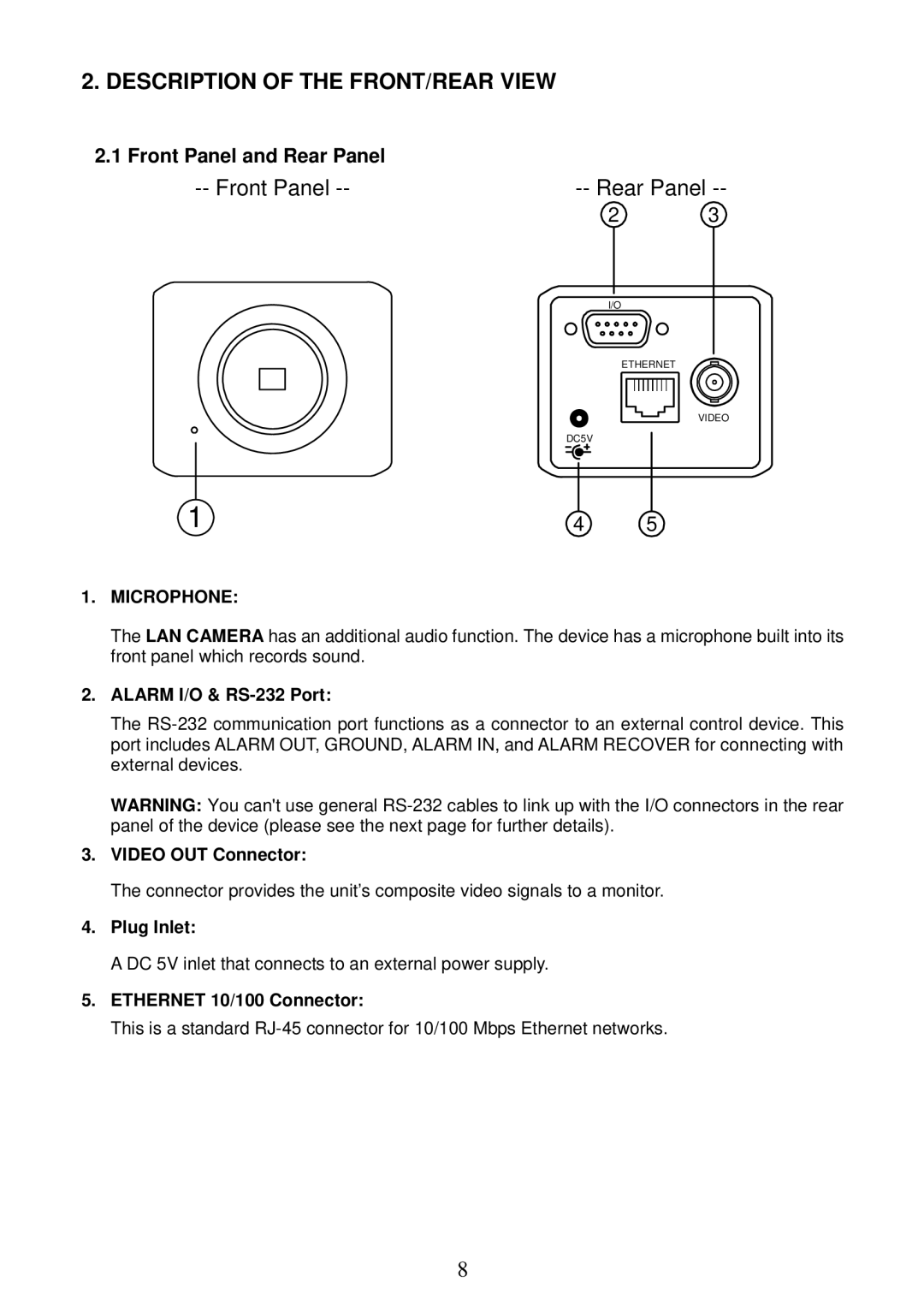 Sony MPEG4 LAN Camera operation manual Front Panel and Rear Panel, Alarm I/O & RS-232 Port, Video OUT Connector, Plug Inlet 