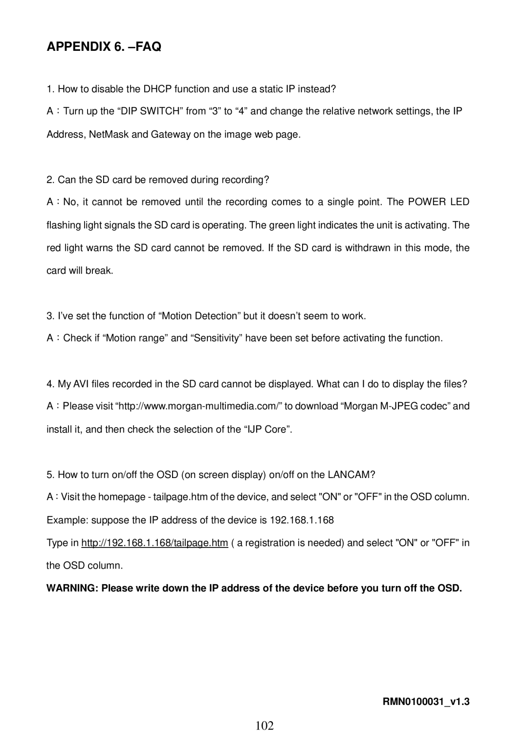 Sony MPEG4 LAN Camera operation manual Appendix 6. -FAQ, RMN0100031v1.3 