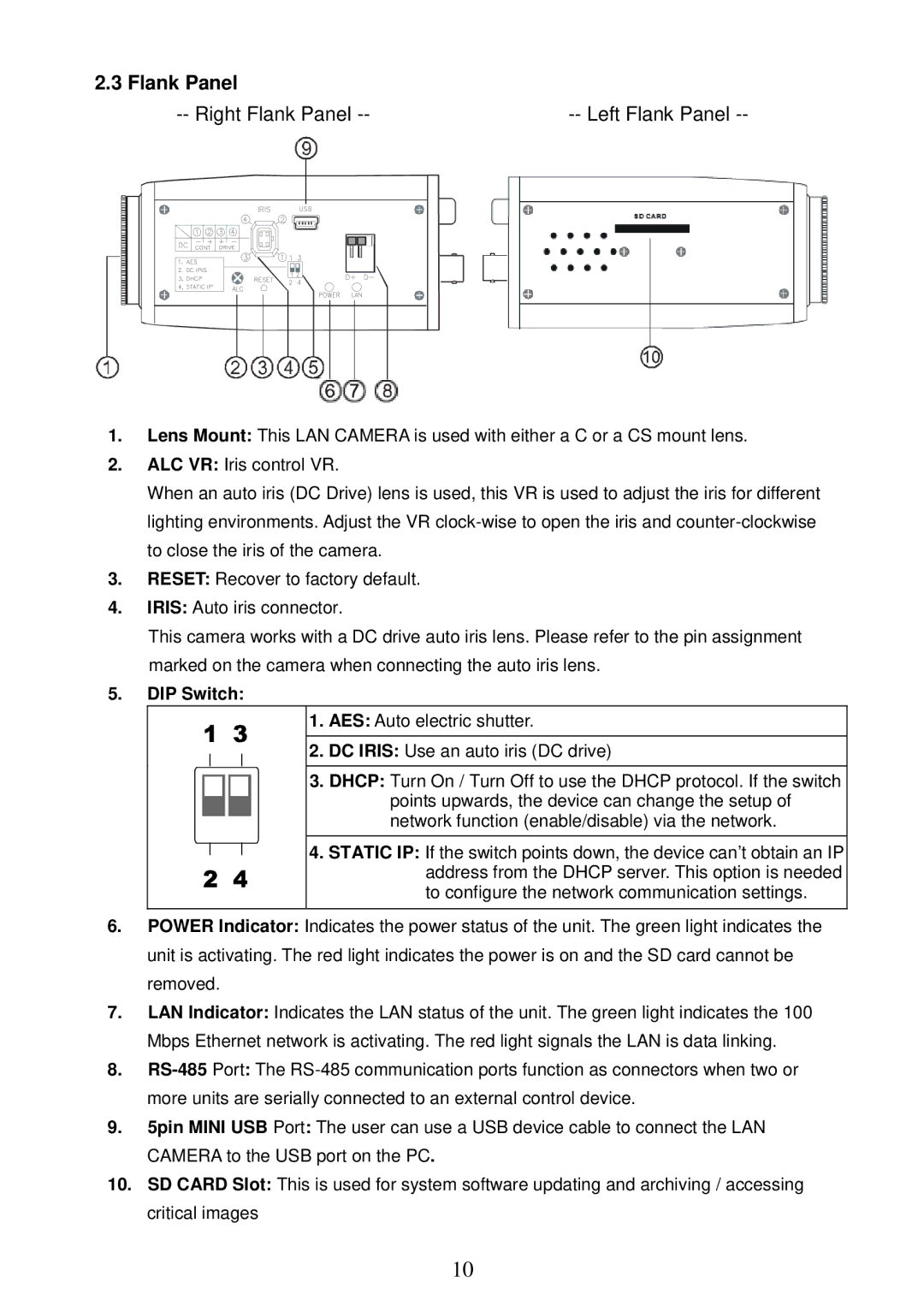 Sony MPEG4 LAN Camera operation manual Flank Panel, DIP Switch 