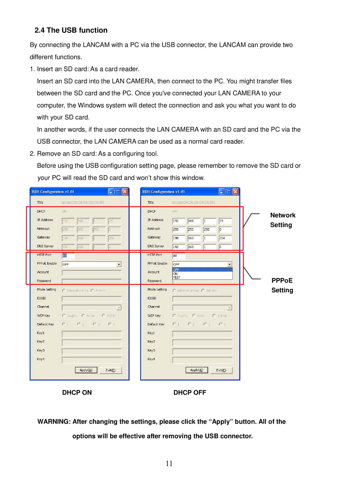 Sony MPEG4 LAN Camera operation manual USB function, Network Setting PPPoE 