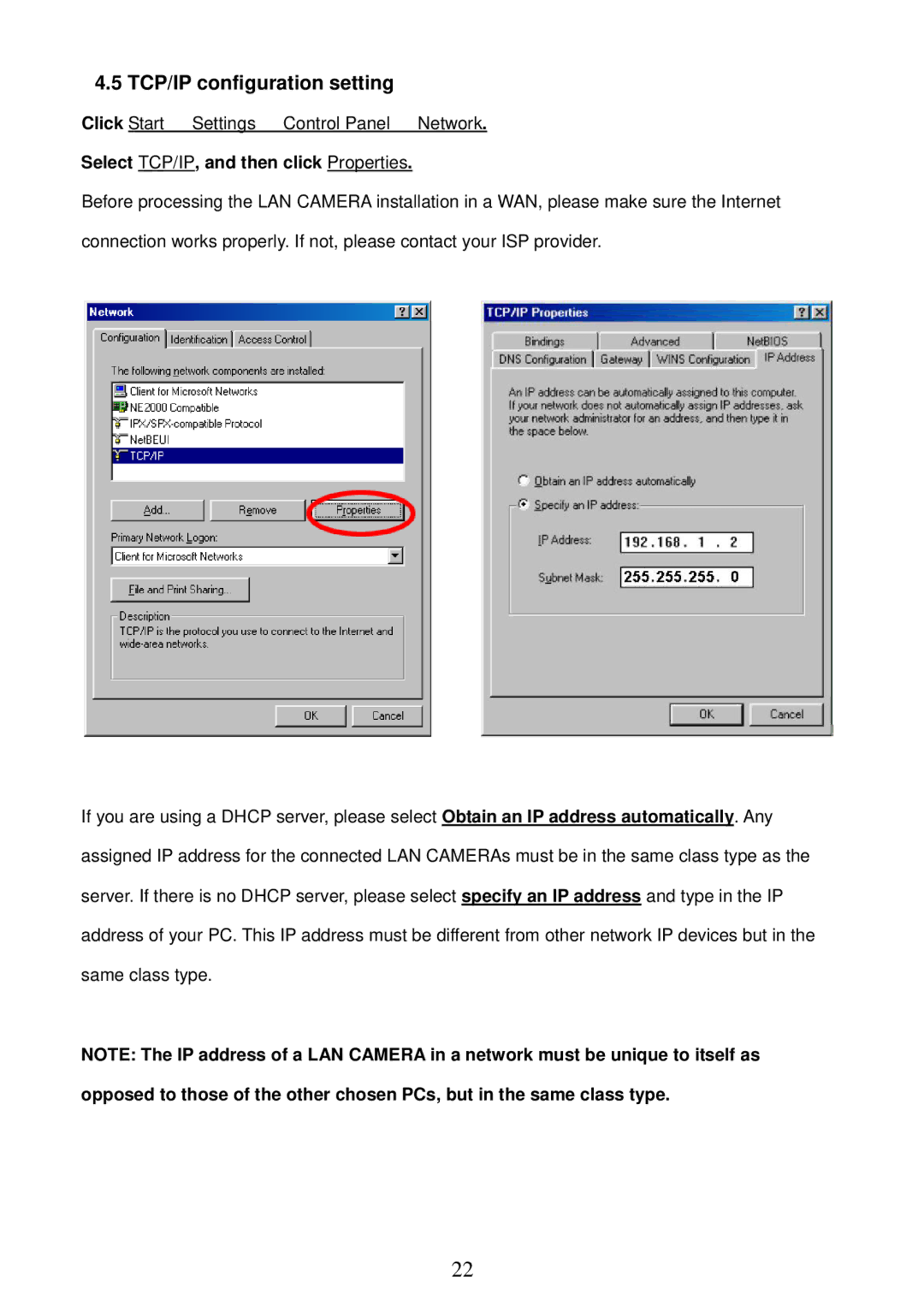 Sony MPEG4 LAN Camera operation manual TCP/IP configuration setting, Select TCP/IP, and then click Properties 