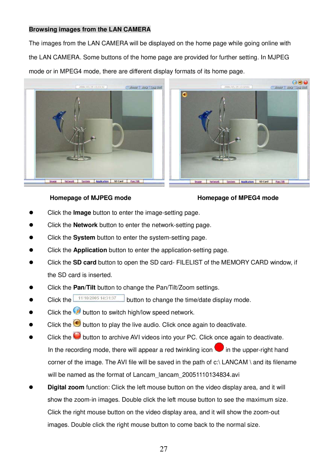 Sony MPEG4 LAN Camera operation manual Browsing images from the LAN Camera, Homepage of Mjpeg mode 