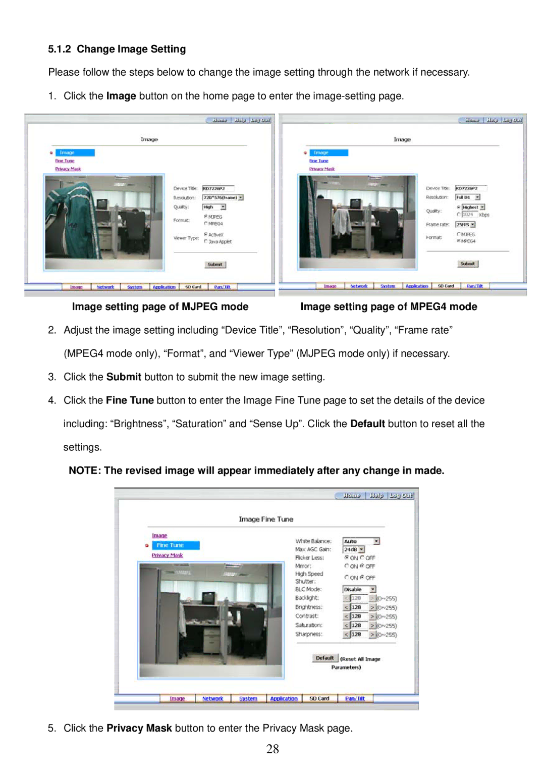 Sony MPEG4 LAN Camera operation manual Change Image Setting, Image setting page of Mjpeg mode 
