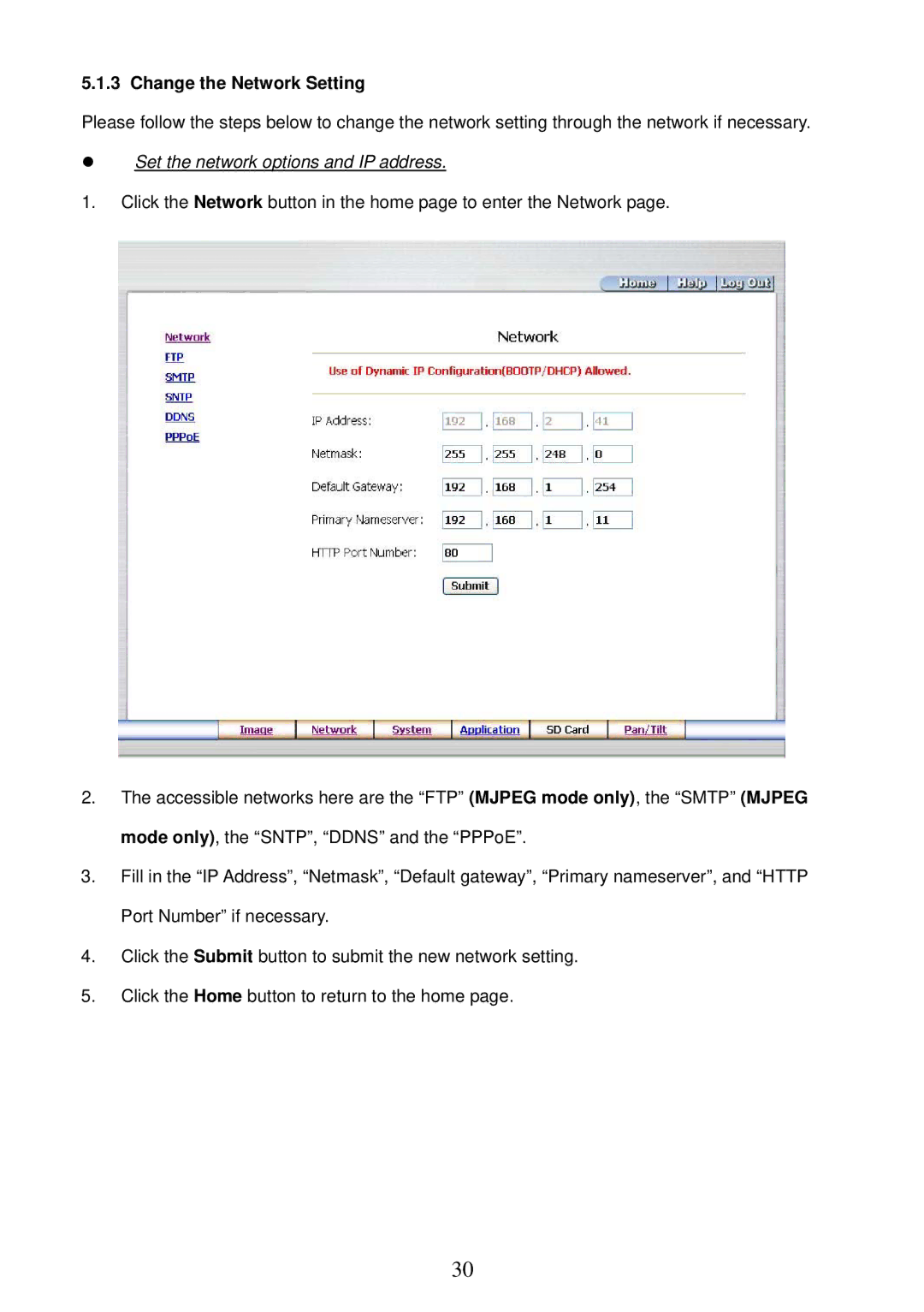 Sony MPEG4 LAN Camera operation manual Change the Network Setting 