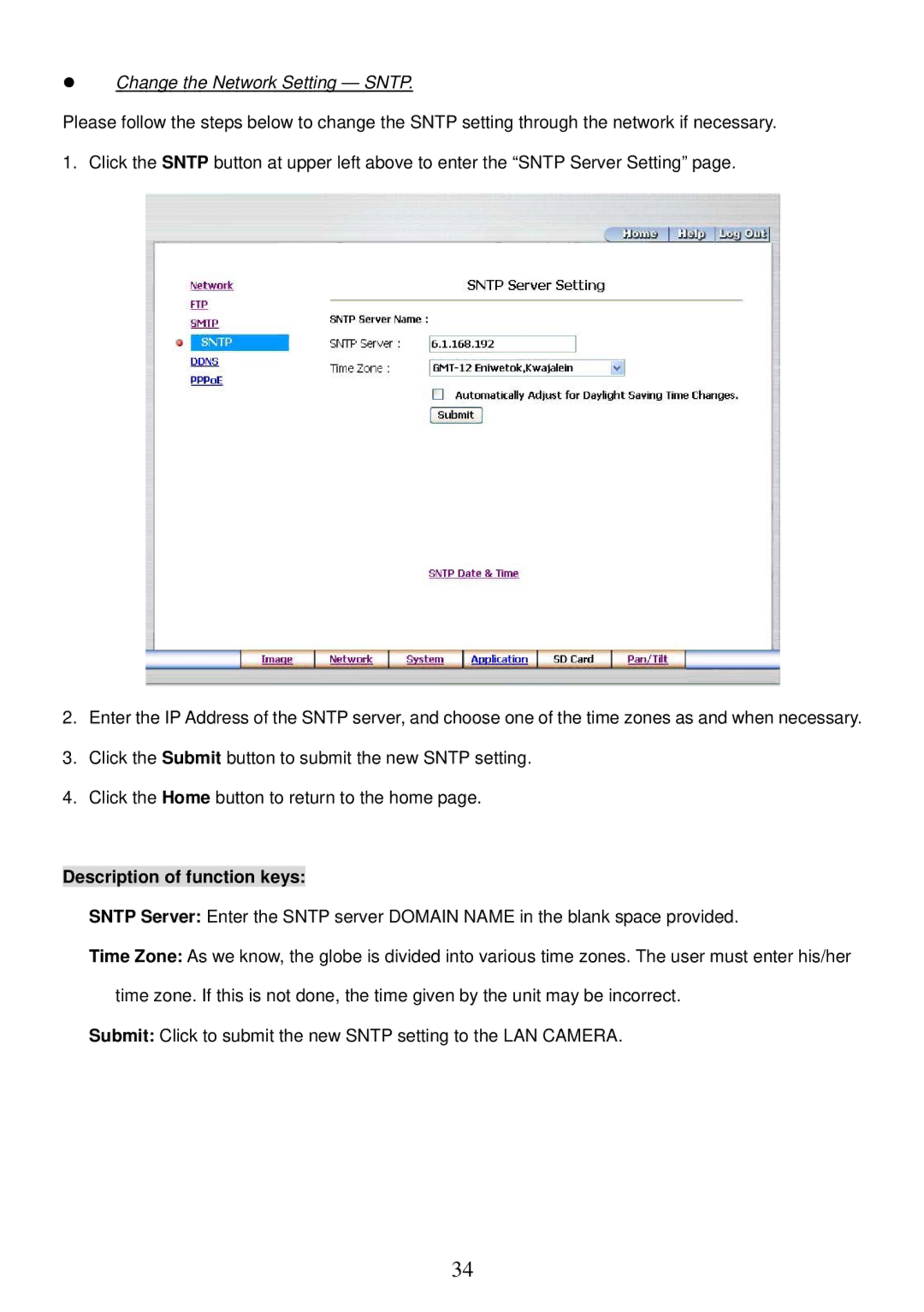 Sony MPEG4 LAN Camera operation manual Change the Network Setting Sntp 