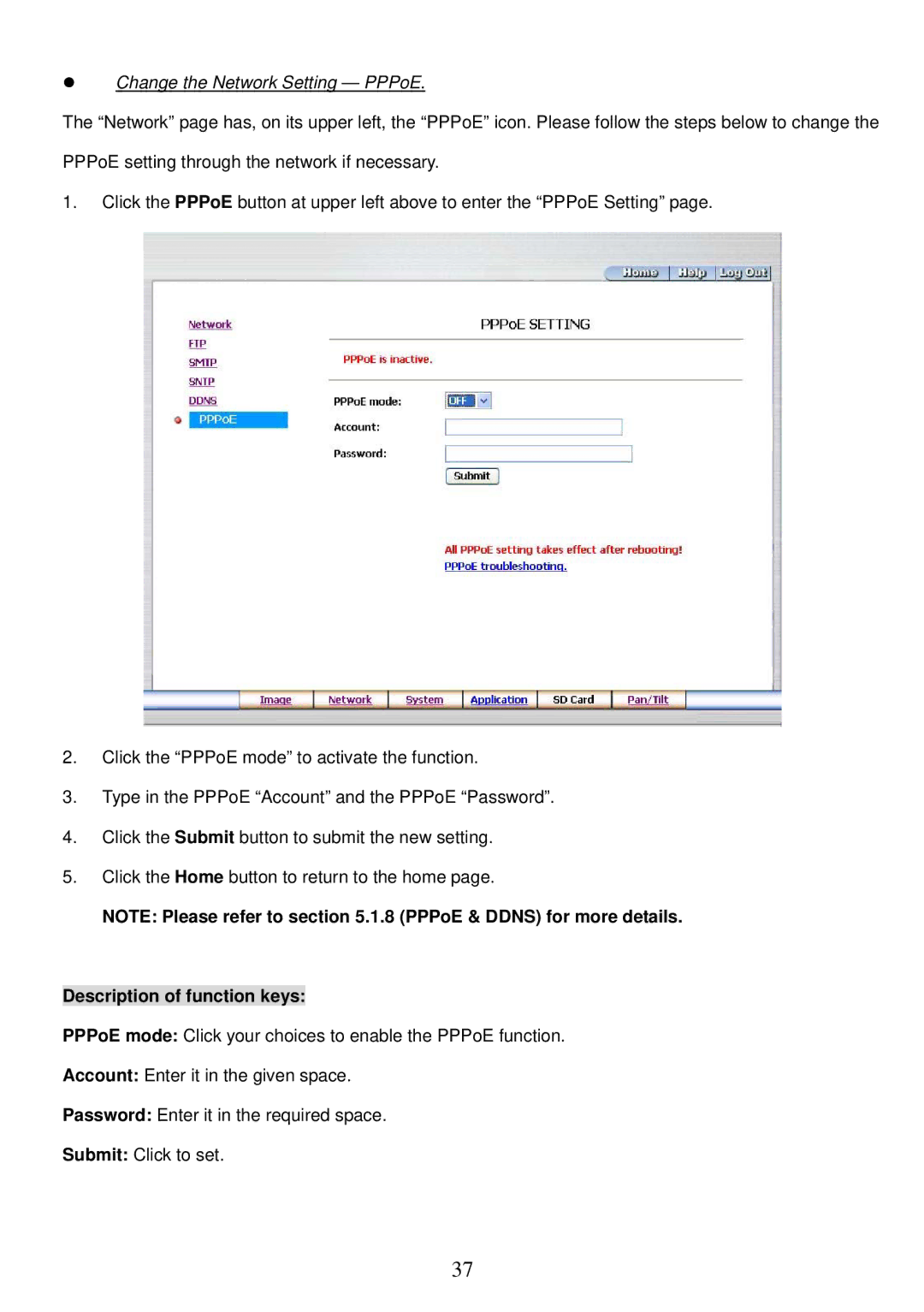 Sony MPEG4 LAN Camera operation manual Change the Network Setting PPPoE 